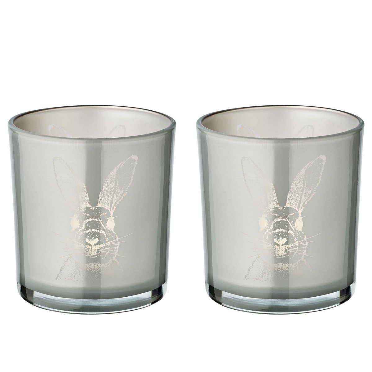 2er Set Teelichtglas Hase (Höhe 8 cm, ø 7,5 cm), in Grau, Teelichthalter Windlicht mit Hasen-Motiv