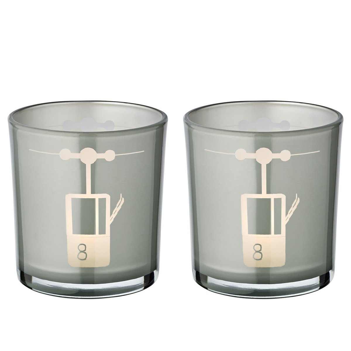 2er-Set Teelichtglas Lift (Höhe 8 cm, ø 7,5 cm) in Grau, Windlicht mit sportlichem Skilift-Motiv