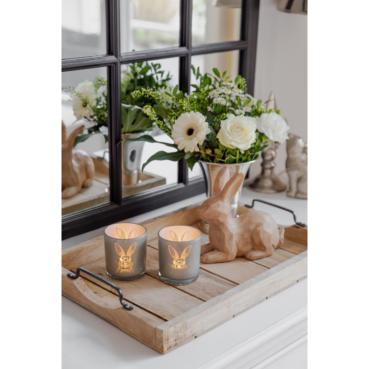 2er Set Teelichtglas Hase (Höhe 8 cm, ø 7,5 cm), in Grau, Teelichthalter Windlicht mit Hasen-Motiv