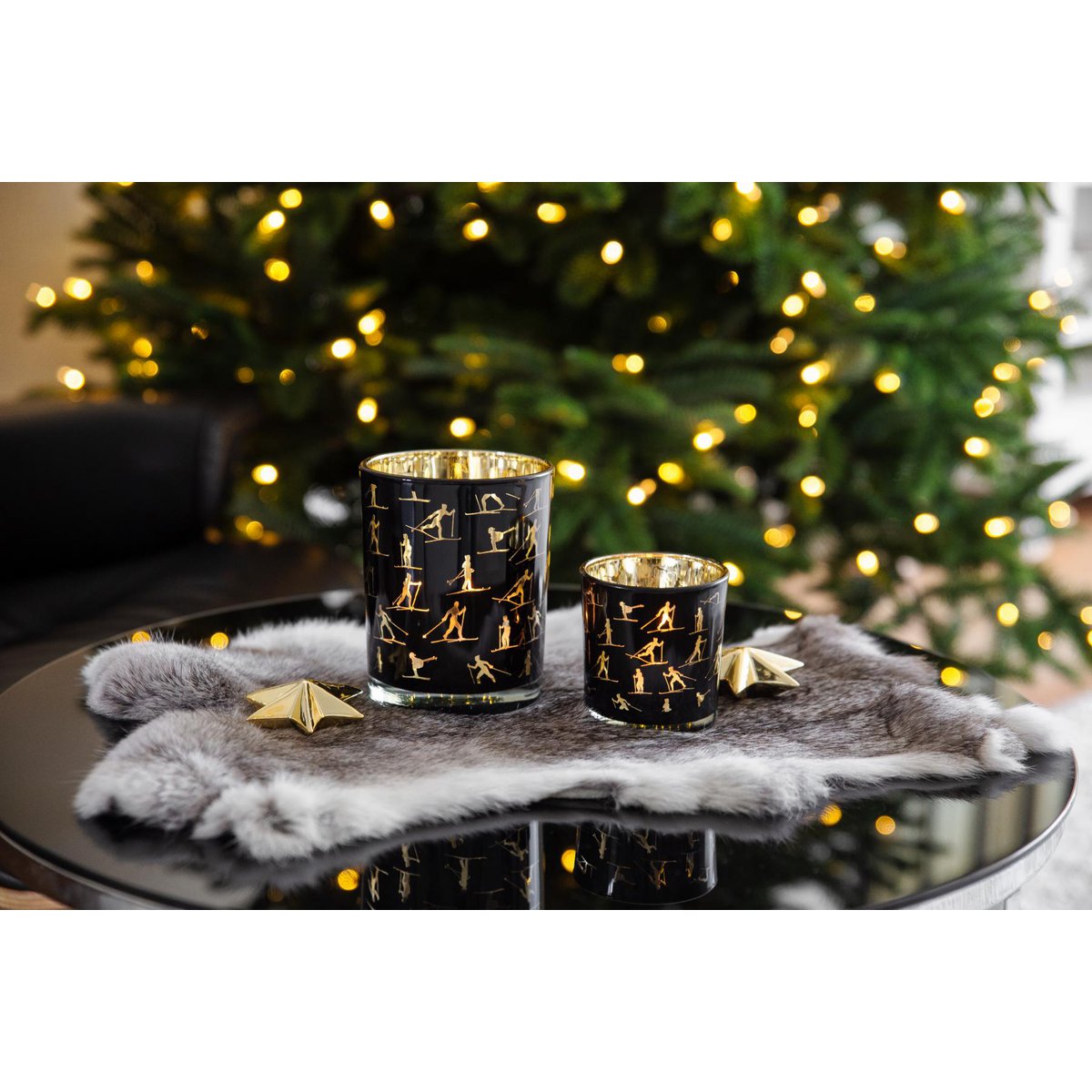 2er-Set Teelichtglas Monty (Höhe 8 cm, ø 7,5 cm), Windlicht mit Skisport Motiv, gold / schwarz