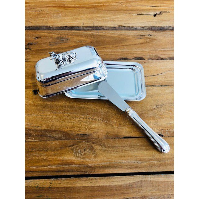 EDZARD Butterdose Kuh mit Glasplatte, edel versilbert, 8 x 13 cm, mit passendem Buttermesser