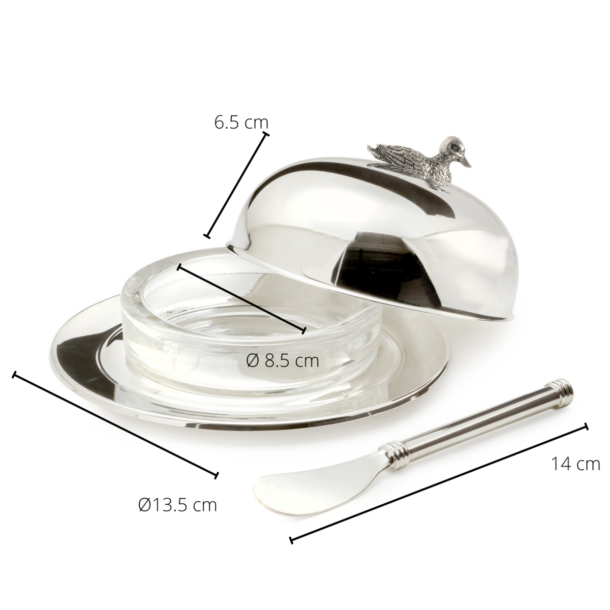 EDZARD Butterglocke Ente, Durchmesser 14 cm, edel versilbert, mit passendem Buttermesser 18 cm