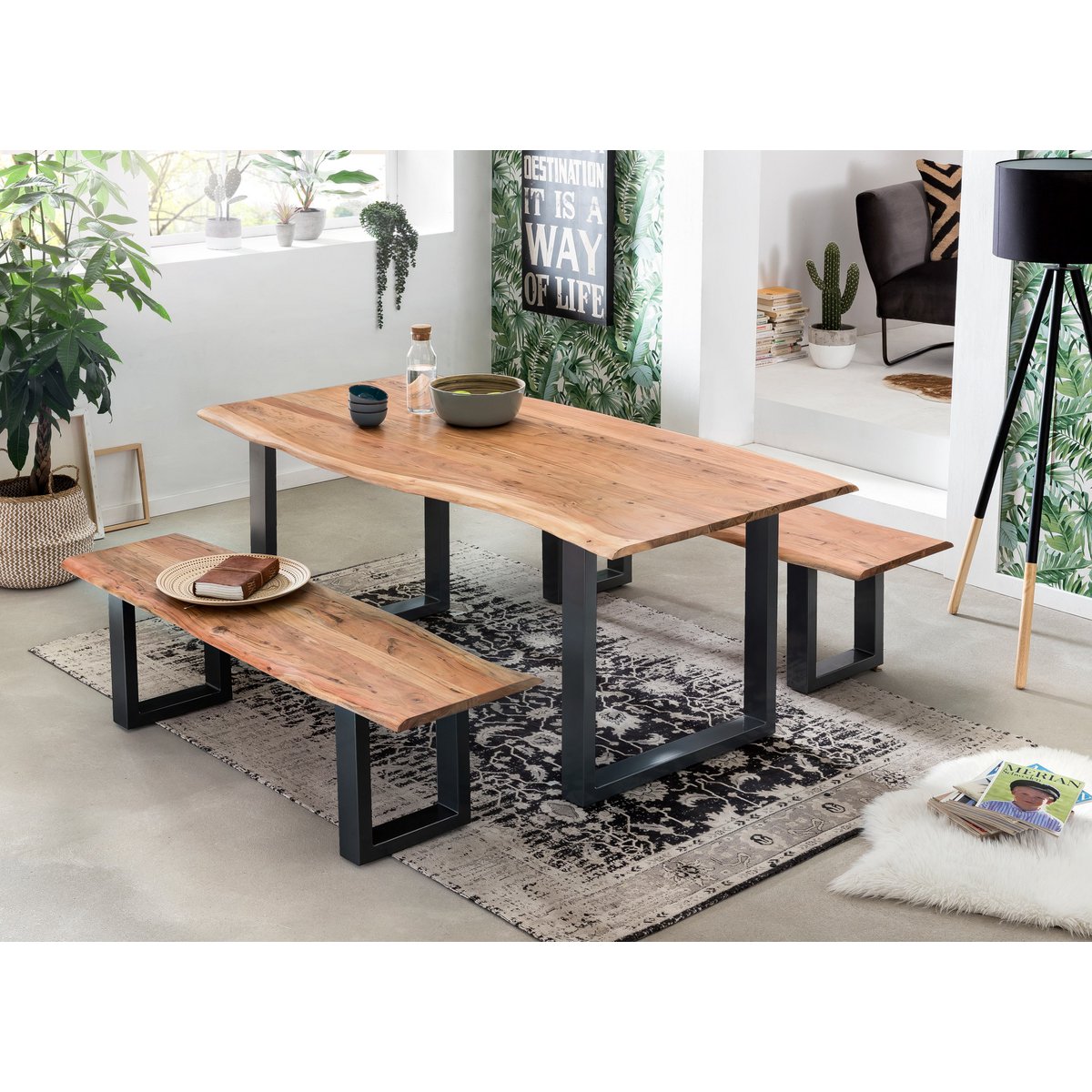 Tisch 220 x 100 cm, Platte natur, Gestell schwarz