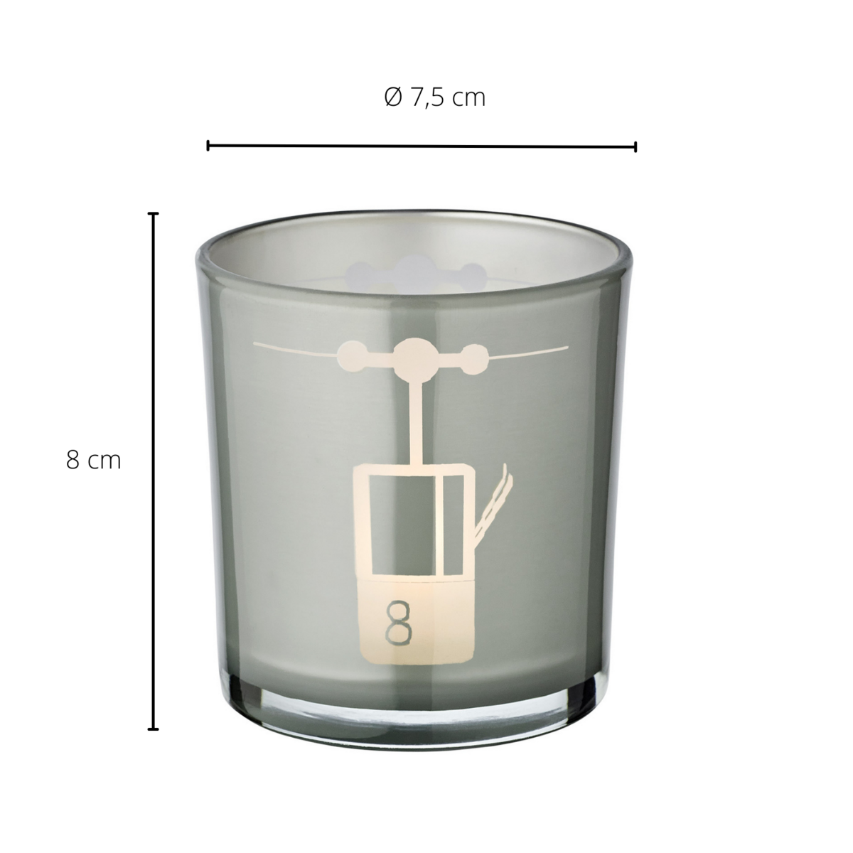 2er-Set Teelichtglas Lift (Höhe 8 cm, ø 7,5 cm) in Grau, Windlicht mit sportlichem Skilift-Motiv