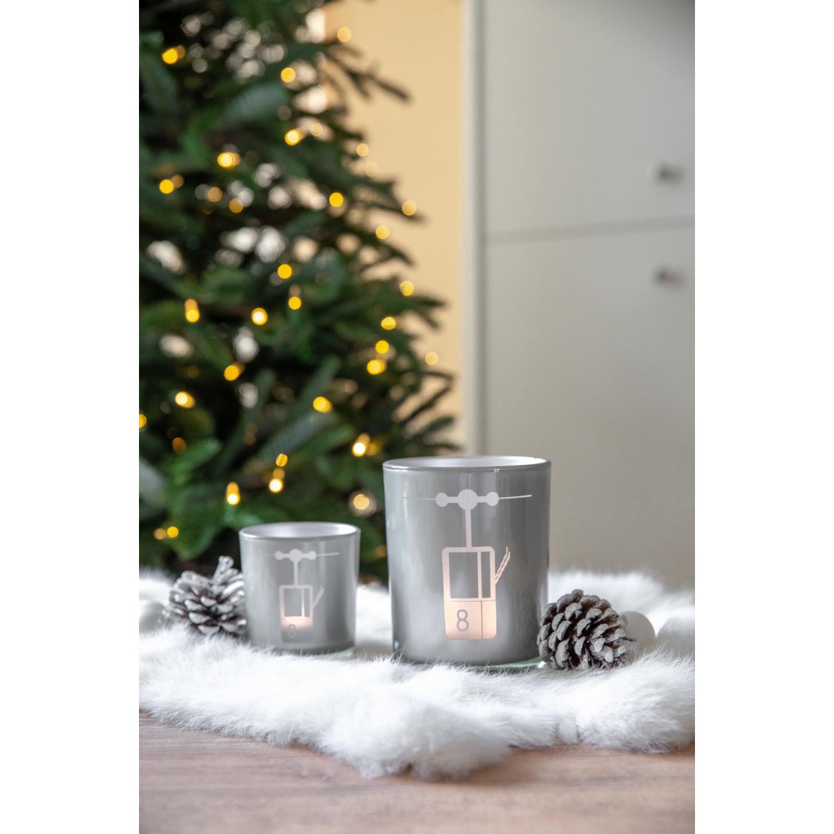 2er-Set Teelichtglas Lift (Höhe 8 cm, ø 7,5 cm) in Grau, Windlicht mit sportlichem Skilift-Motiv