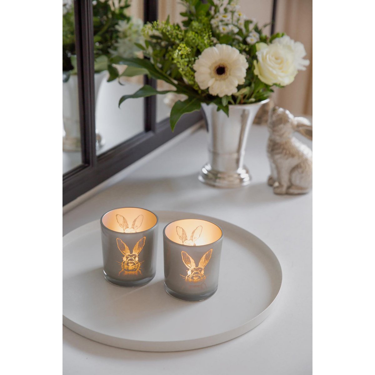 2er Set Teelichtglas Hase (Höhe 8 cm, ø 7,5 cm), in Grau, Teelichthalter Windlicht mit Hasen-Motiv