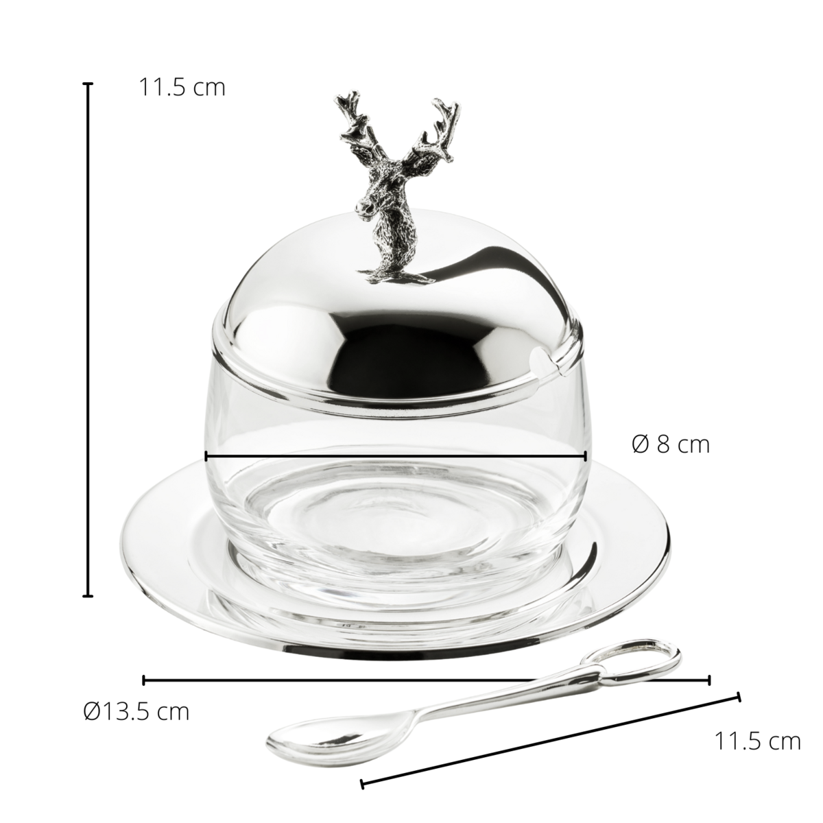 EDZARD Marmeladenglas Hirsch mit Untersetzer und Löffel, edel versilbert, Höhe 11 cm, ø 14 cm, ø Glas 10 cm