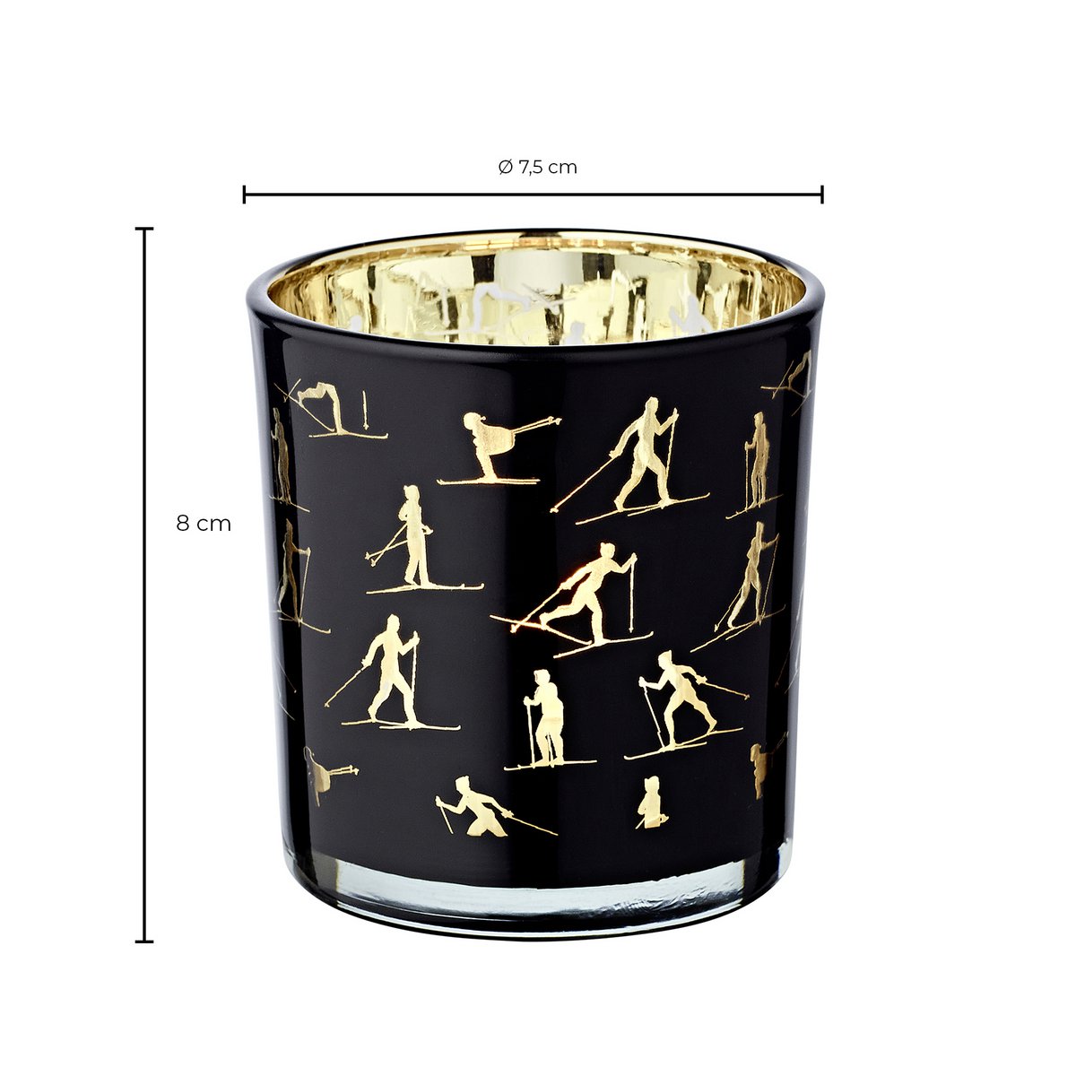 2er-Set Teelichtglas Monty (Höhe 8 cm, ø 7,5 cm), Windlicht mit Skisport Motiv, gold / schwarz