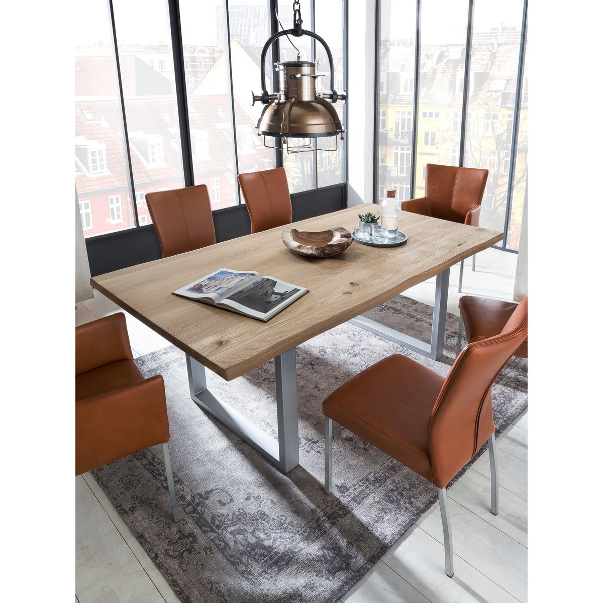 Tisch 200x100 cm, Wildeiche, silbernes Gestell