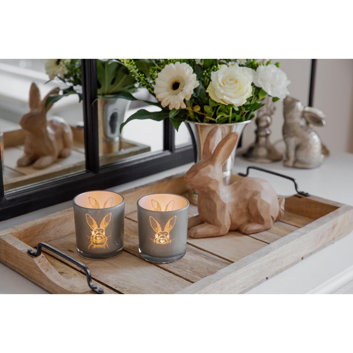 2er Set Teelichtglas Hase (Höhe 8 cm, ø 7,5 cm), in Grau, Teelichthalter Windlicht mit Hasen-Motiv