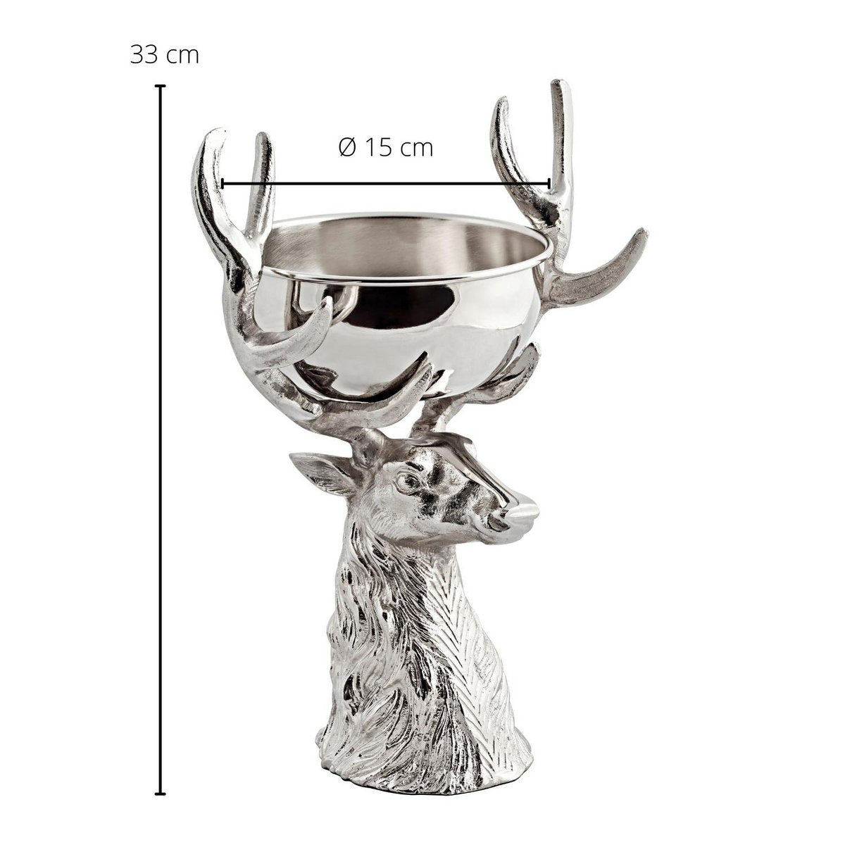 EDZARD Hirschkopf mit Schale Richard, Aluminium vernickelt, silberfarben, Höhe 33 cm. Schale aus Edelstahl