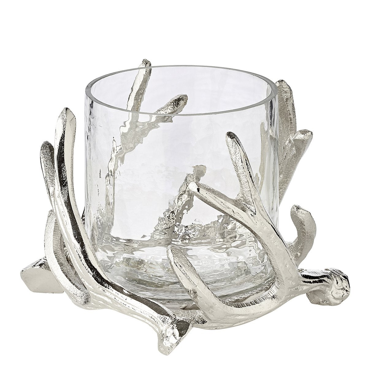EDZARD Windlicht Kingston, Geweih-Design, Aluminium, silberfarben, mit Glas, Höhe 13 cm, ø 15 cm