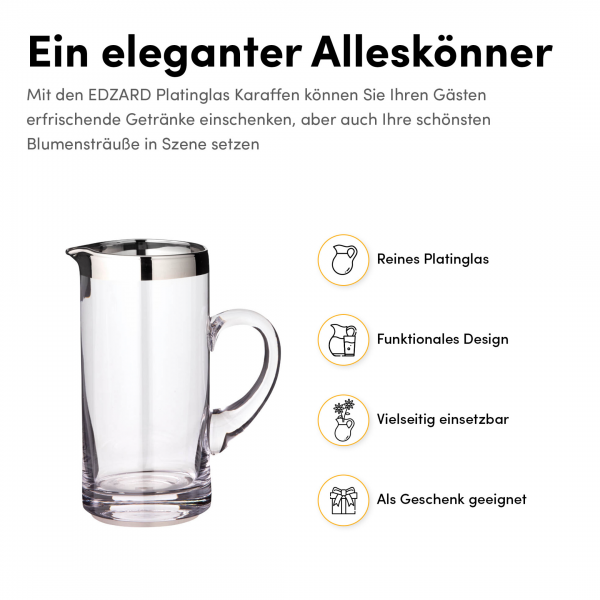EDZARD Krug Karaffe Robert, mundgeblasenes Kristallglas mit Platinrand, Höhe 20 cm, Füllmenge 1,0 Liter