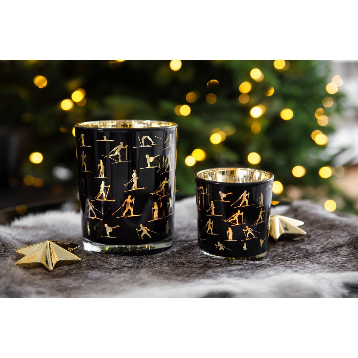 2er-Set Teelichtglas Monty (Höhe 8 cm, ø 7,5 cm), Windlicht mit Skisport Motiv, gold / schwarz