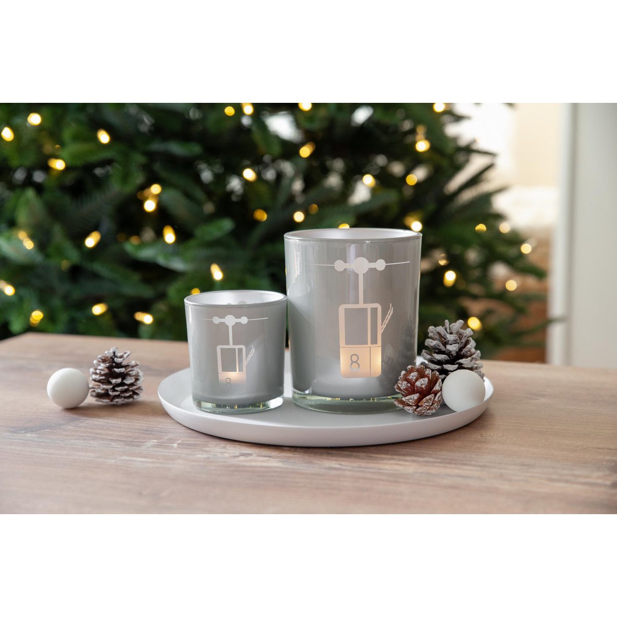 2er-Set Teelichtglas Lift (Höhe 8 cm, ø 7,5 cm) in Grau, Windlicht mit sportlichem Skilift-Motiv