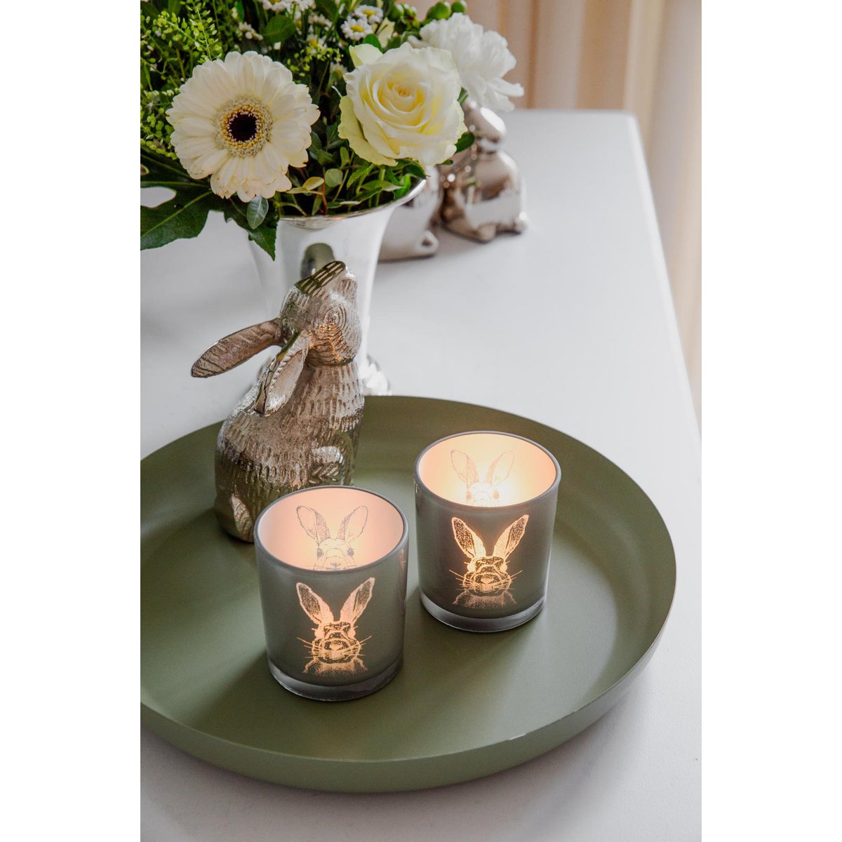 2er Set Teelichtglas Hase (Höhe 8 cm, ø 7,5 cm), in Grau, Teelichthalter Windlicht mit Hasen-Motiv