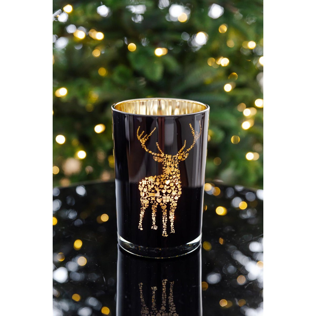 Windlicht Fancy (Höhe 18 cm, ø 12 cm), Teelichtglas im Hirsch-Motiv, außen schwarz/innen Gold