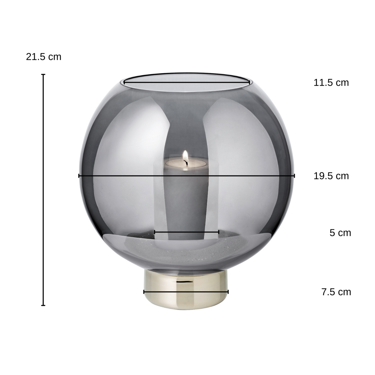 Windlicht Jack (H 21 cm, Ø 19,5 cm), dunkles Kristallglas mit Platinsockel