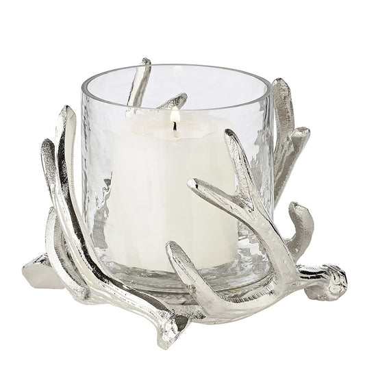 EDZARD Windlicht Kingston, Geweih-Design, Aluminium, silberfarben, mit Glas, Höhe 13 cm, ø 15 cm