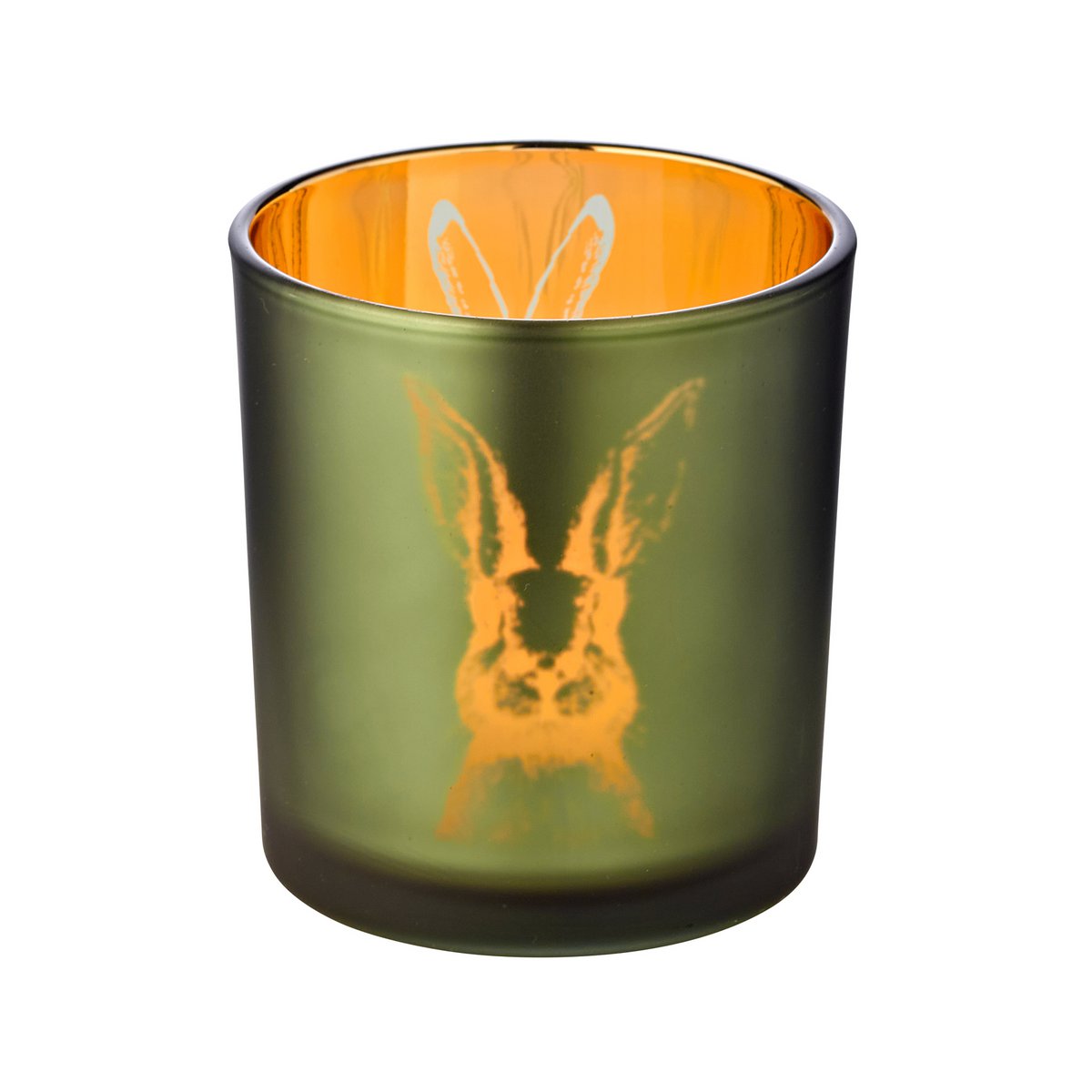 2er-Set Windlicht Teelichtglas Hase, außen grün / innen gold, Hasen-Design, Höhe 8 cm, ø 7 cm