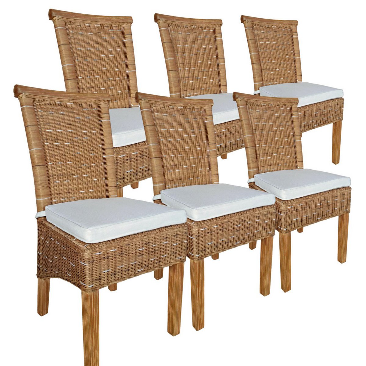 Esszimmer-Stühle Set Rattanstühle Perth 6 Stück braun Sitzkissen Leinen weiß