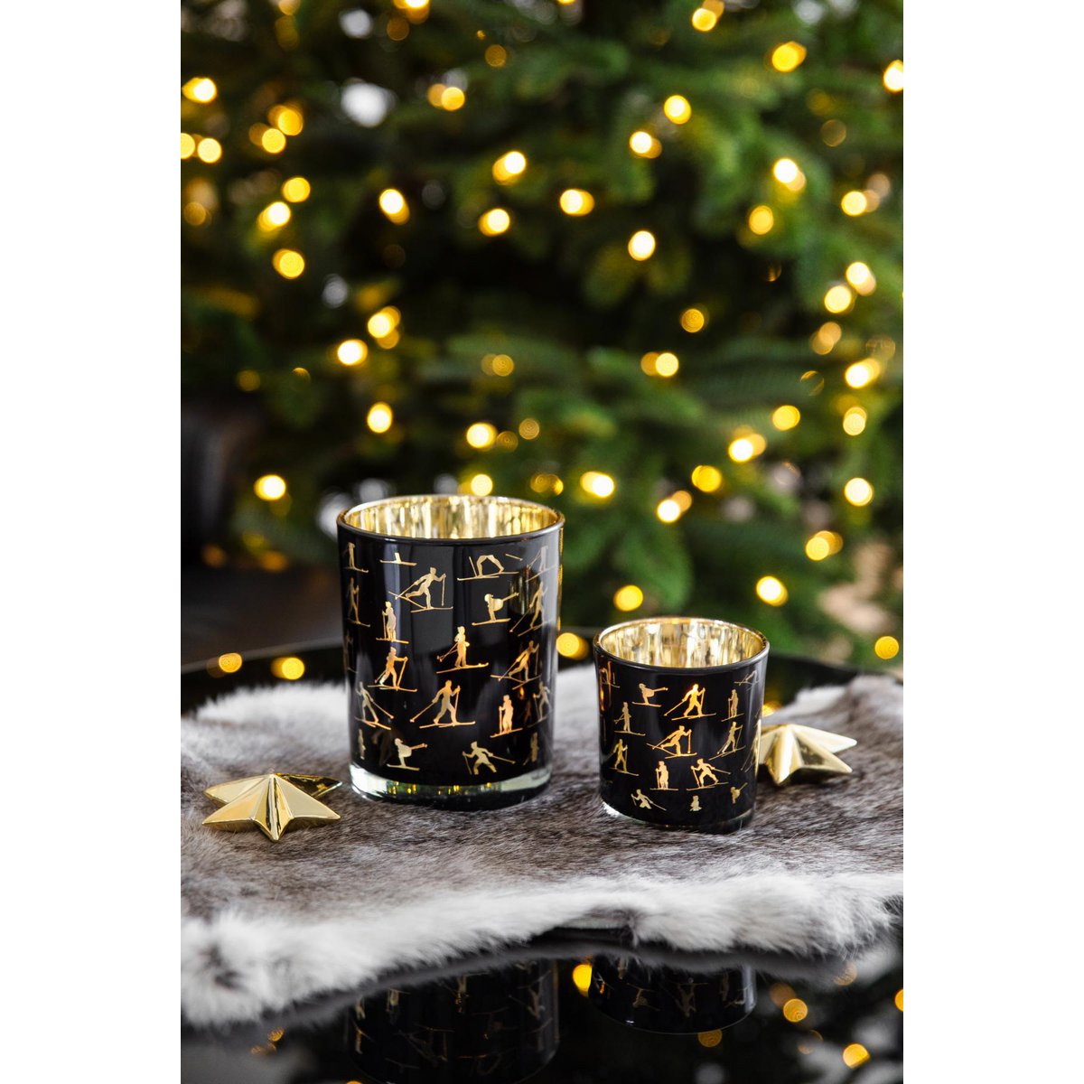 2er-Set Teelichtglas Monty (Höhe 8 cm, ø 7,5 cm), Windlicht mit Skisport Motiv,  gold / schwarz