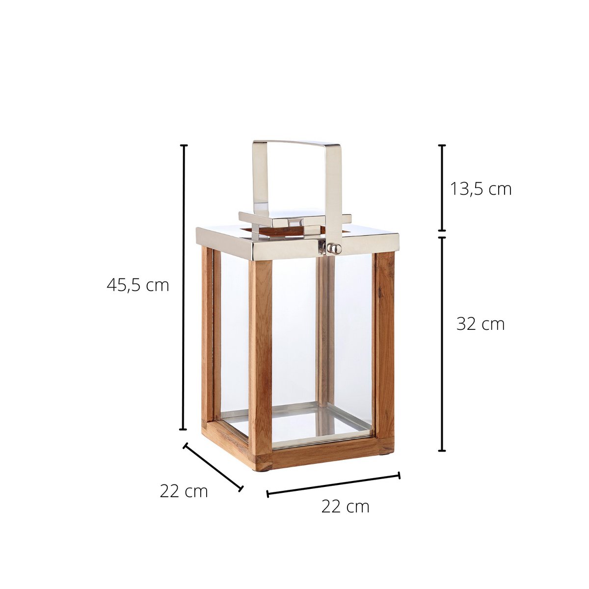 EDZARD Laterne Windlicht Miami mit klappbarem Griff, Holz und Edelstahl glänzend vernickelt, Höhe 45,5 cm