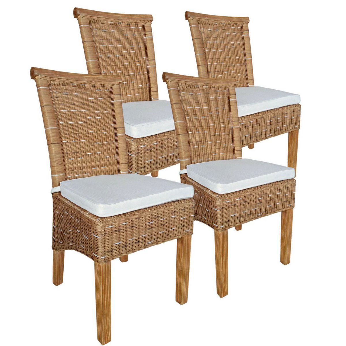 Esszimmer-Stühle Set Rattanstühle Perth 4 Stück braun Sitzkissen Leinen weiß