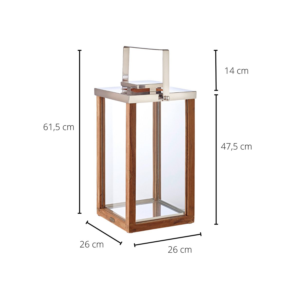 EDZARD Laterne Windlicht Miami mit klappbarem Griff, Holz und Edelstahl glänzend vernickelt, Höhe 61,5 cm