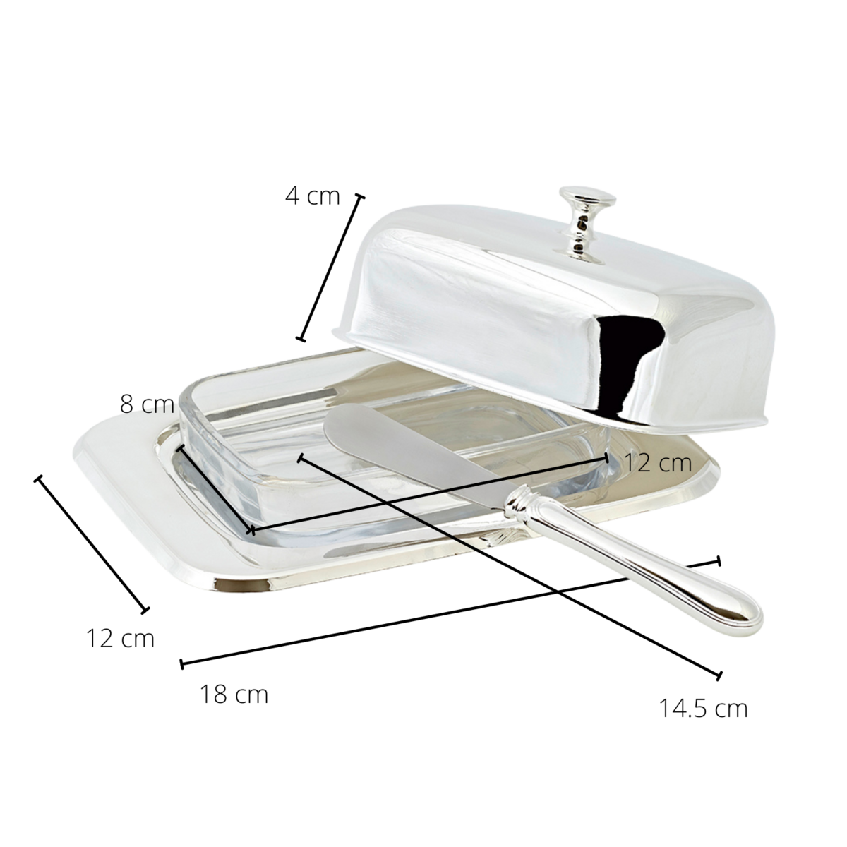 EDZARD Butterdose Mista 13x18 cm, H 8 cm, Glaseinsatz, edel versilbert, mit Buttermesser