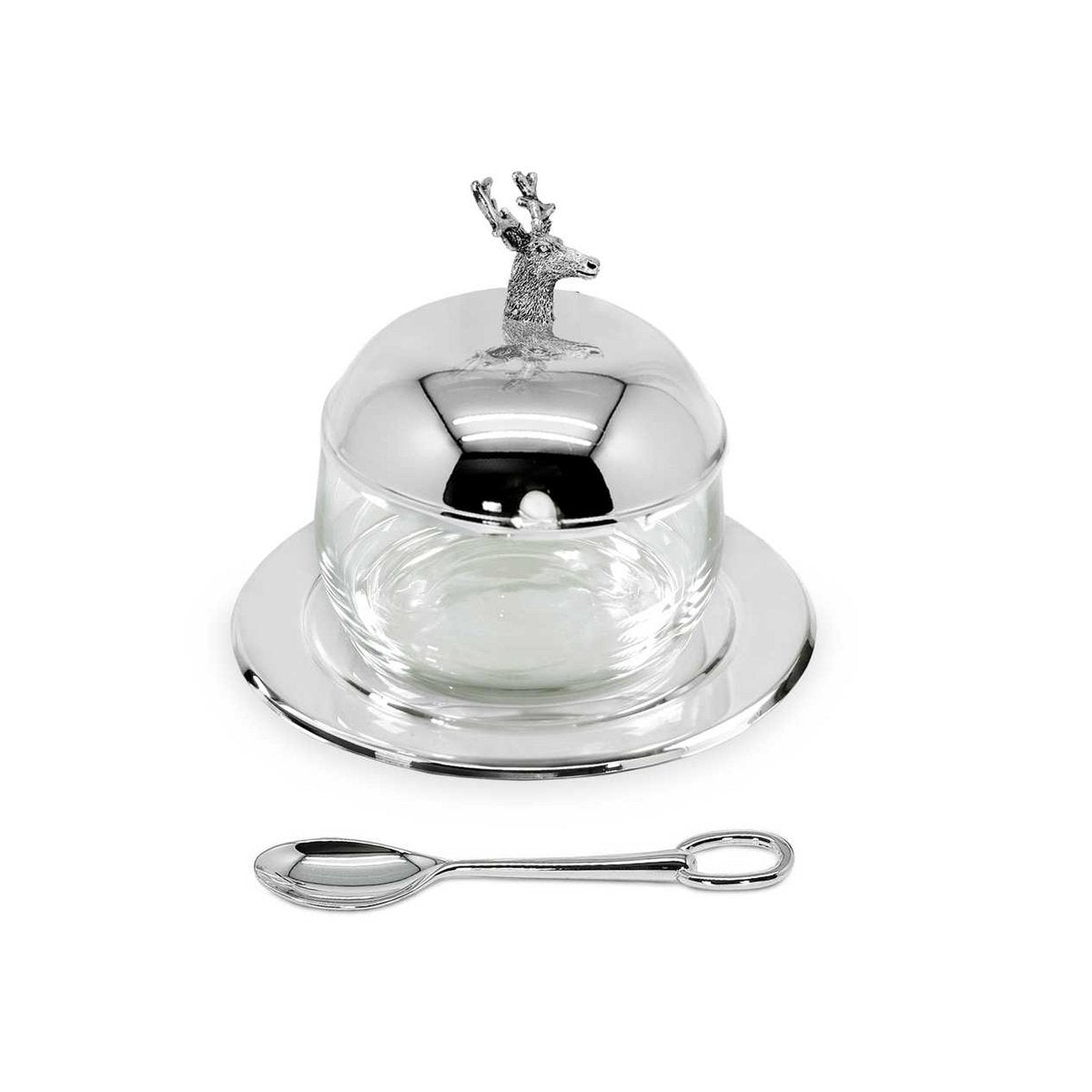EDZARD Marmeladenglas Hirsch mit Untersetzer und Löffel, edel versilbert, Höhe 11 cm, ø 14 cm, ø Glas 10 cm