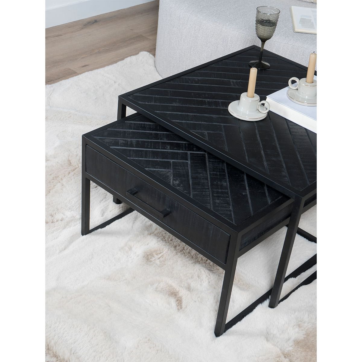 Couchtisch Ruby Herringbone - Schwarzes Mangoholz - 2er-Set