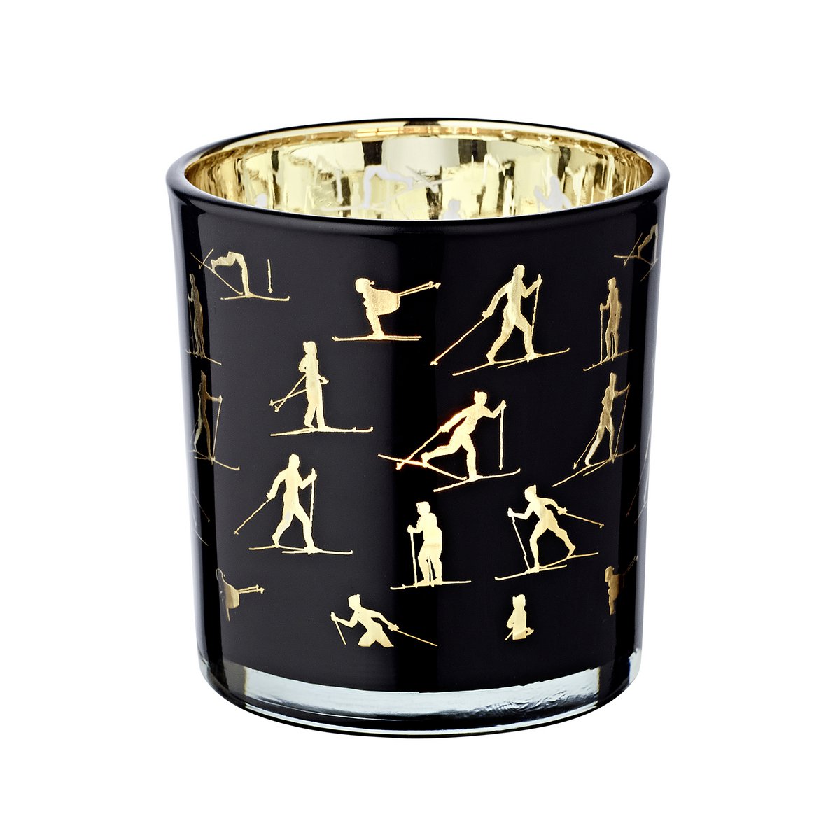 2er-Set Teelichtglas Monty (Höhe 8 cm, ø 7,5 cm), Windlicht mit Skisport Motiv,  gold / schwarz